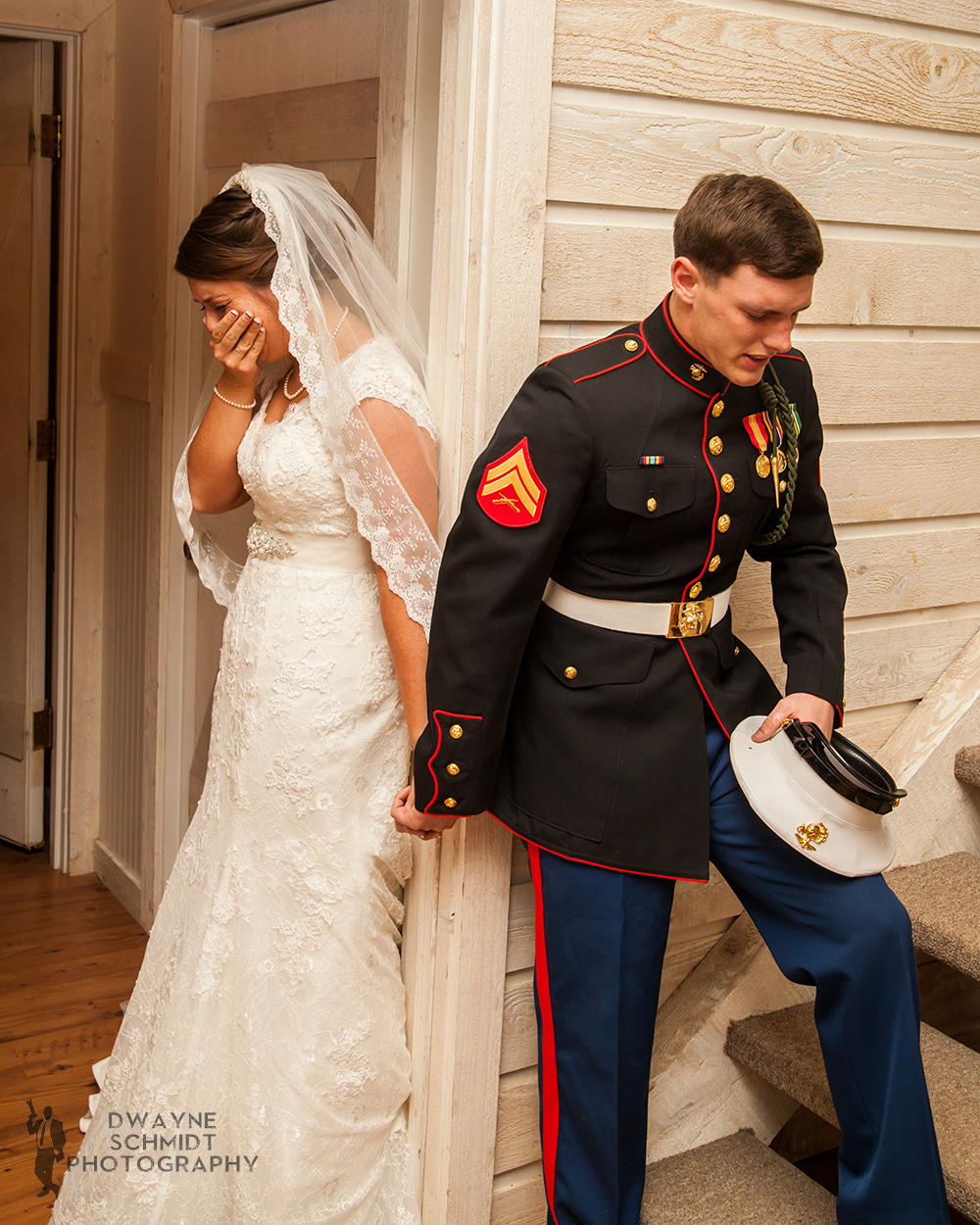 Marine and Bride Say a Prayer before Wedding on Memorial Day Weekend Dwayne Schmidt Photography
